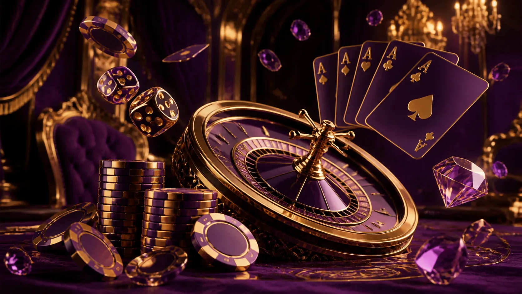 Luxurious casino-themed banner with floating poker chips, elegant playing cards, and glowing roulette wheel in high-end style
